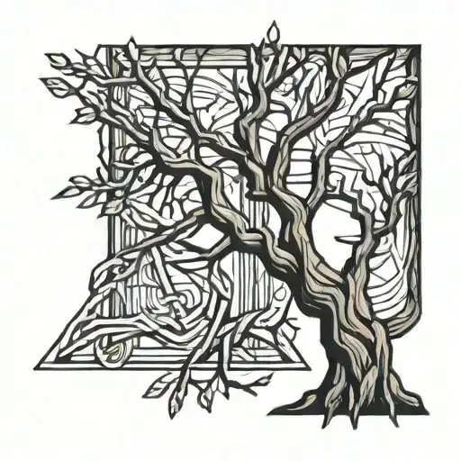 Twisted Tree Tied With A Rope To A Wooden Board