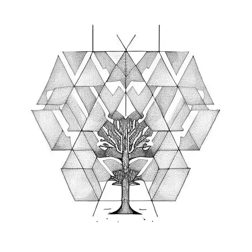 A Mechanical Tree With Geometric Patterns In Blackwork Style