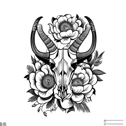 Long Horn Ibex Skull Front View Surrounded By Peony Flowers