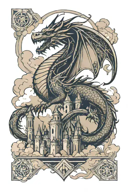 Western Dragon Flying Through Clouds With Castles
