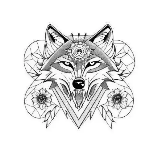 Wolf Skull With Flowers