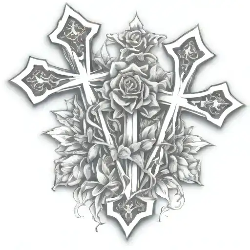 Two Chrome Hearts Crosses Very Close To Eachother With A Rose Behind Them