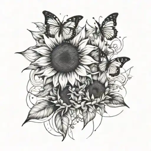 Sunflower With 2 Butterflies Flying