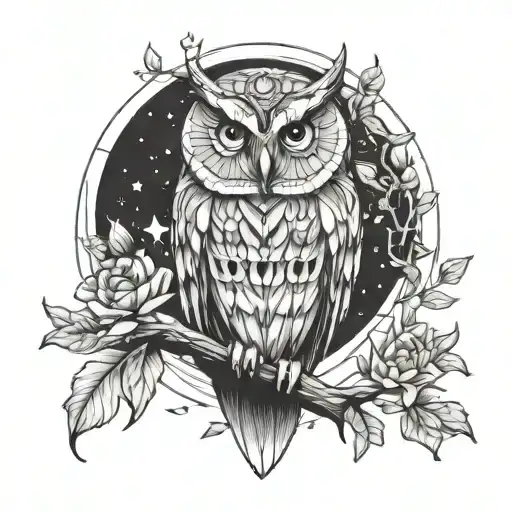 Owl Perched On A Branch In Forest With Moon And Flowers