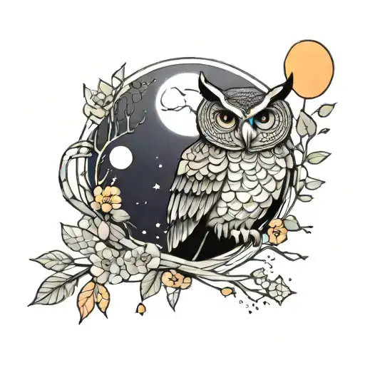 Owl Perched On A Branch In Forest With Moon And Flowers Wtih Colours