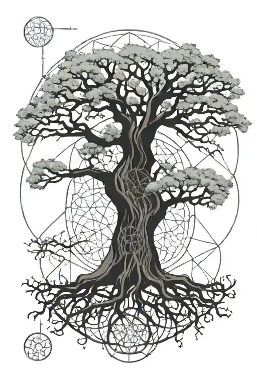 An Intricate Coast Live Oak Tree With Roots Wrapping A Flower Of Life