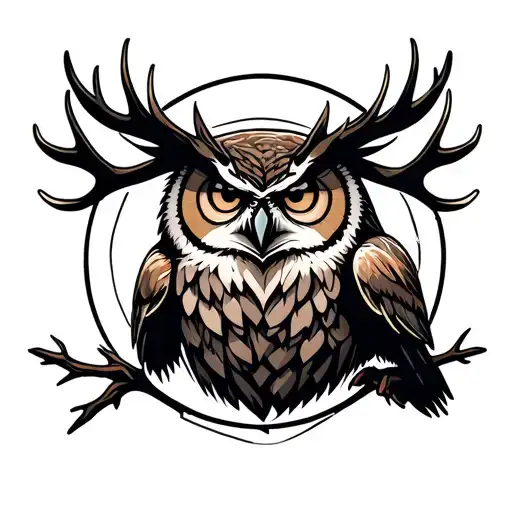 An Angry Owl With Moose Antlers And Branches Shaped Like A Circle Around It