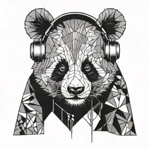 Panda With Dj Headphones On Black And White With Geometric Shapes