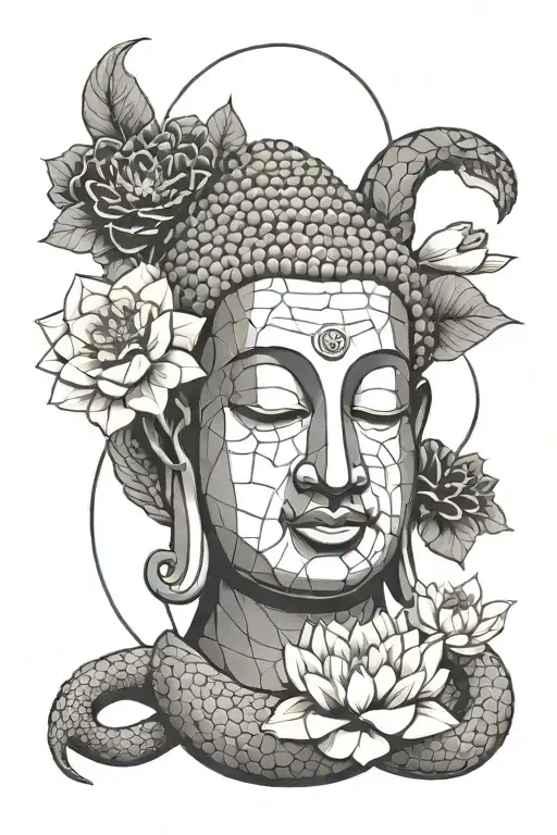 Sleeping Buddah With Flowers And Snake