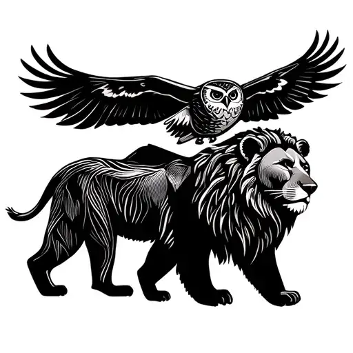 A Bear And A Lion Walking While An Owl Flies Above Them