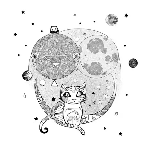 Cat In Starry Space With Full Moon
