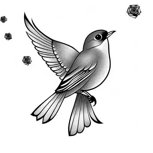 Flying Robin Holding A Rose In Its Beak