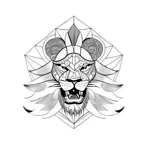 A Fierce Lion With Wings And A Spartan Helmet In Blackwork Style