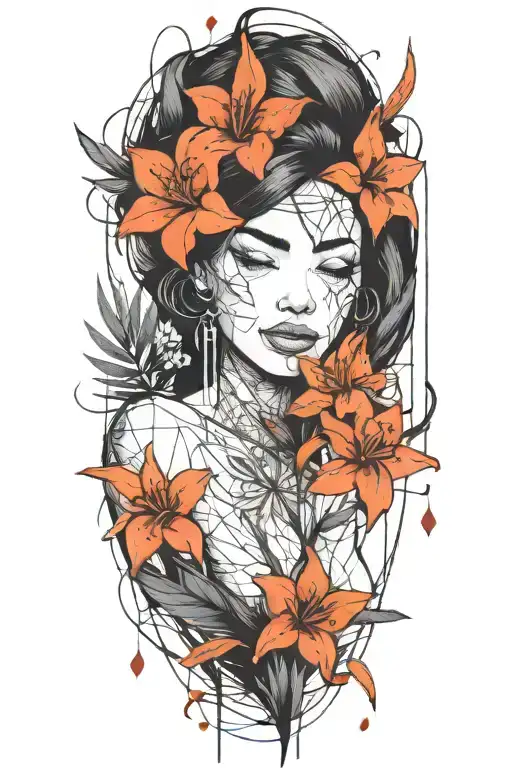 Beautiful Smiling Woman With Dark Hair Interwined With Lily Flowers And A Pine Tree