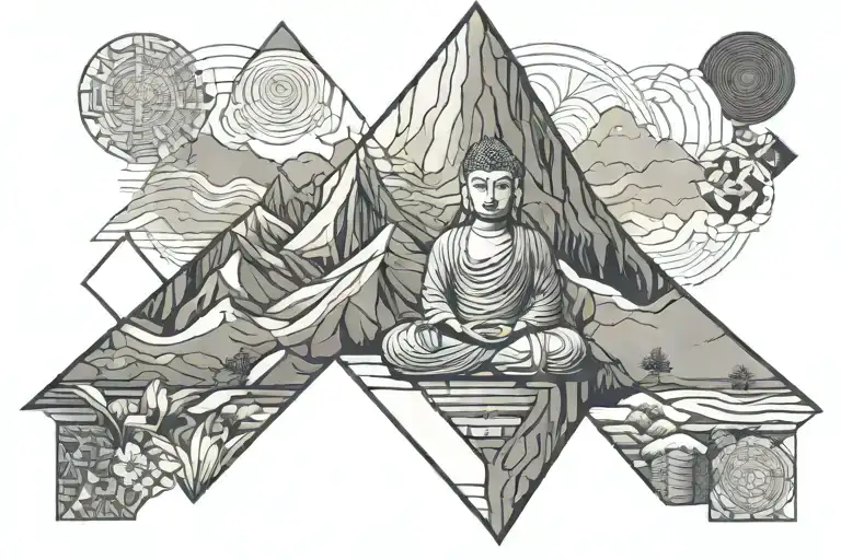 A Serene Mountain Landscape With A Meditating Buddha Figure