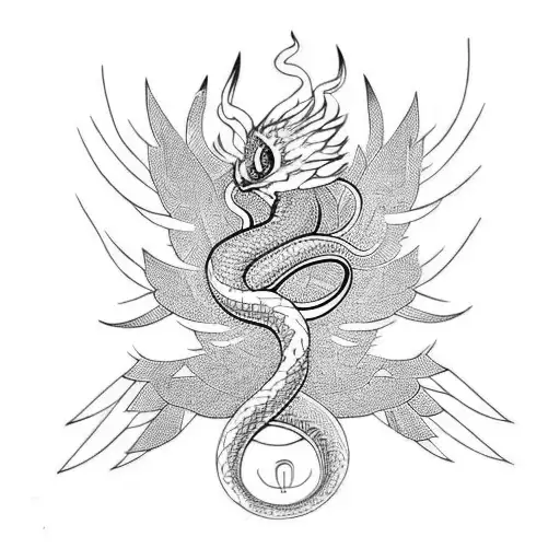 Snake And Phoenix With Geometric Lines