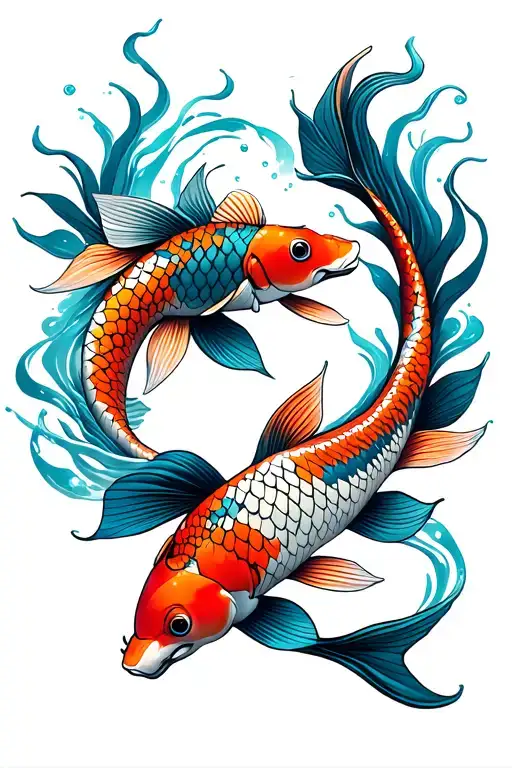 1 Geometric Koi Fish And 1 Koi Fish Swimming Upstream