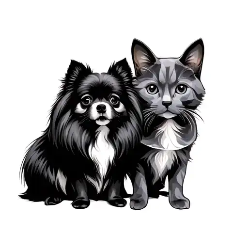 A Black Pomeranian Dog And A Grey British Cat Sit Side By Side