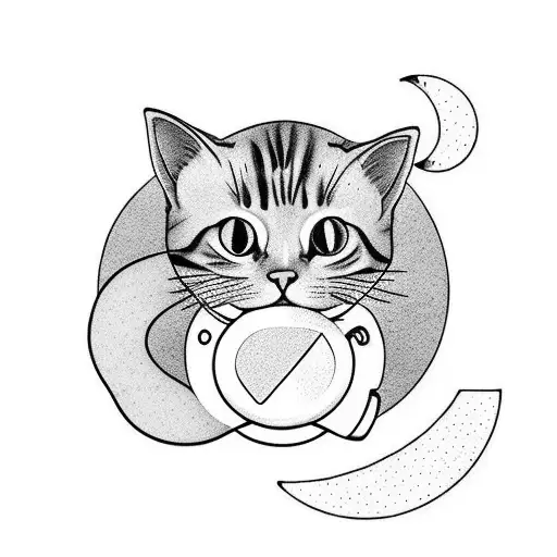 A Minimalist Tattoo Of A Cat Drinking Coffee Under A Crescent Moon