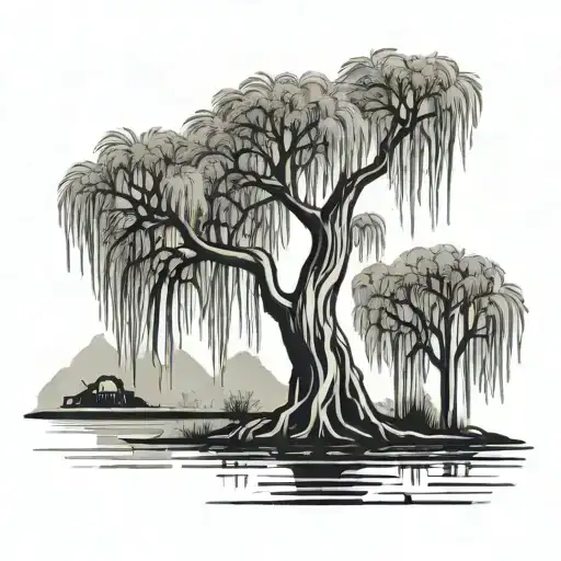 A Weeping Willow Tree But The Trunck Is The Shape Of Two Hands Clasping Together