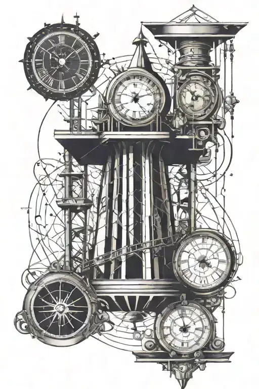 Tattoo Of A Tower With Two Clocks And A Sand Clock Inside