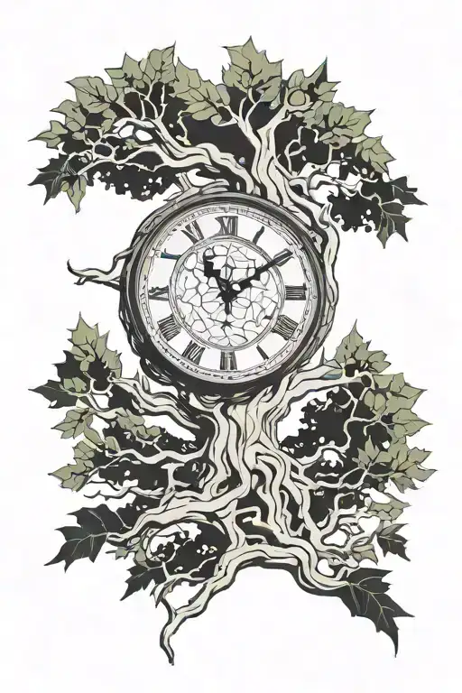 Clock Face Within The Trunk Of A Giant Leafy Oak Tree