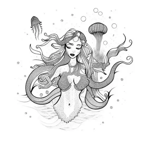 A Detailed Mermaid With A Large Chest Reaching Out To Touch A Jellyfish