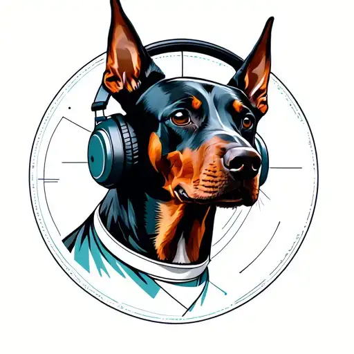 Red Doberman Pinscher Wearing Headphones Listening To Music