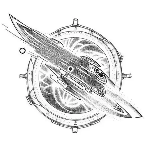 A New-school Tattoo Of A Spaceship Soaring Through A Galaxy Filled With Hunting And Fishing Gear