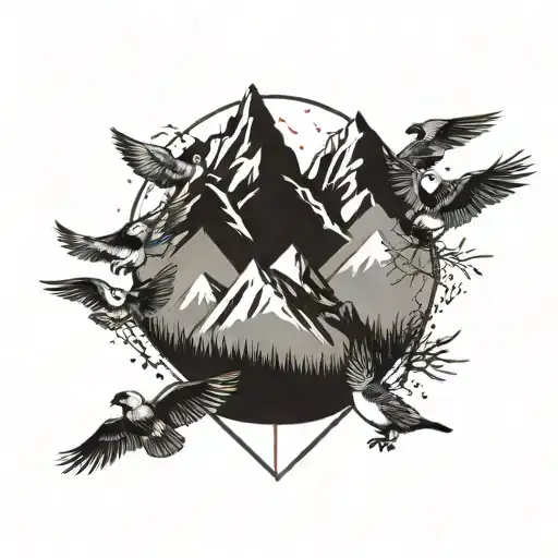 Mountain Tattoo With Birds Flying