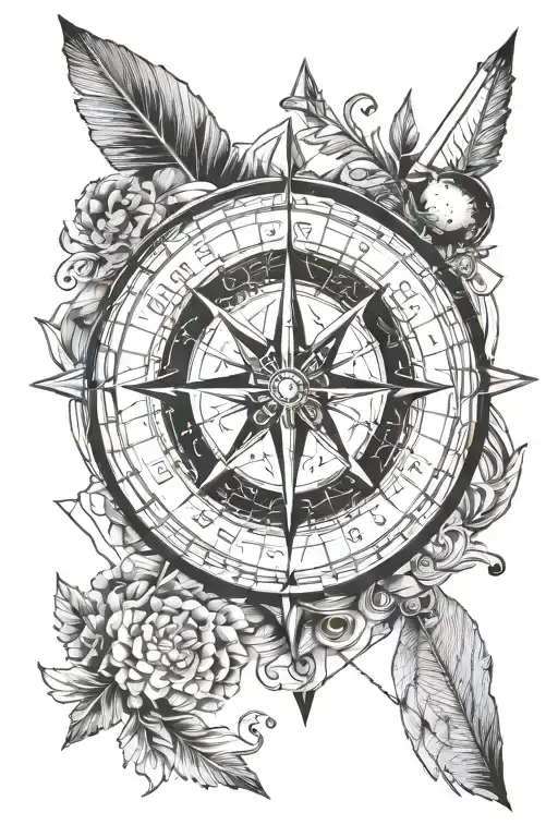 Compass And Arrow With Zodiac Sign Intertwined Along With Coordinates