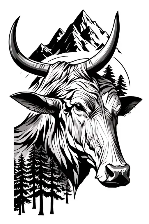 Bull Head Realistic With Mountains And Forests