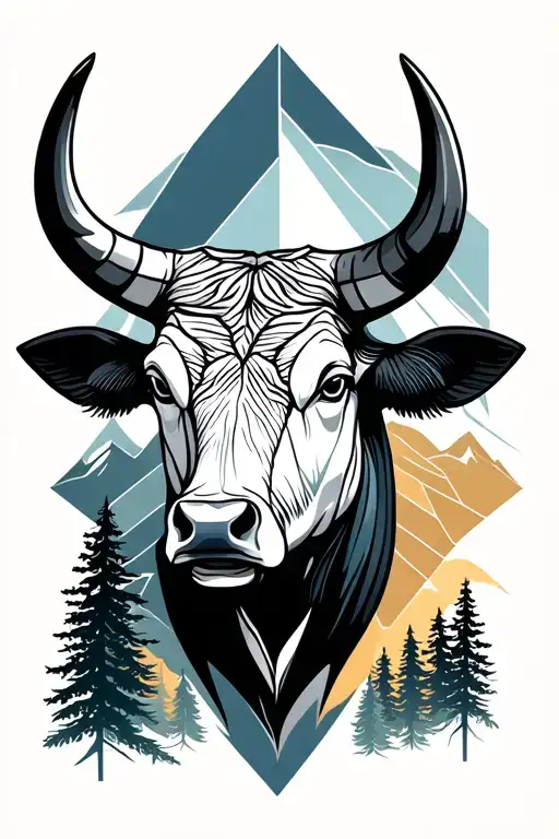 Bull Head Realistic With Mountains And Forests
