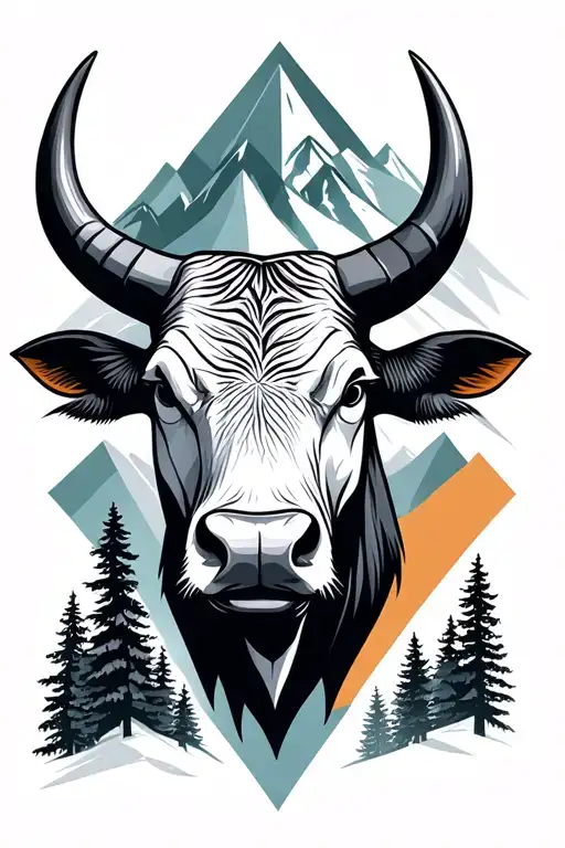 Bull Head Realistic With Mountains And Forests