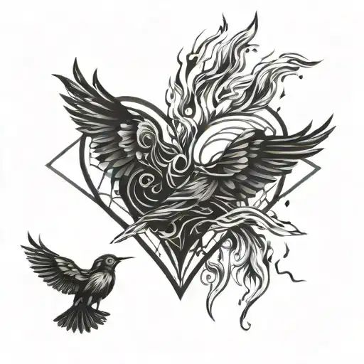 Black Heart Surrounded By Fire And Little Bird Flying Away