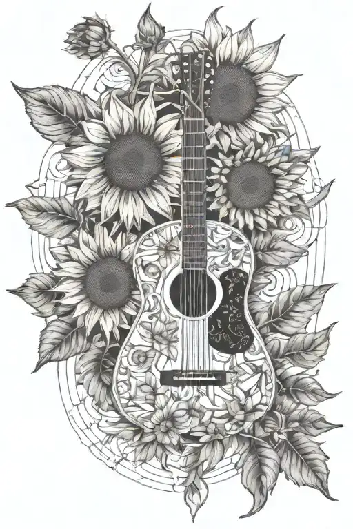 An Acoustic Guitar Surrounded By Sunflowers