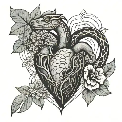 Human Heart With Flowers Blooming And A Snake Intertwined