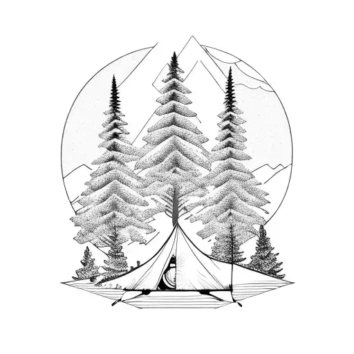 Camping Around Mountains And Pine Tree With Bicycle