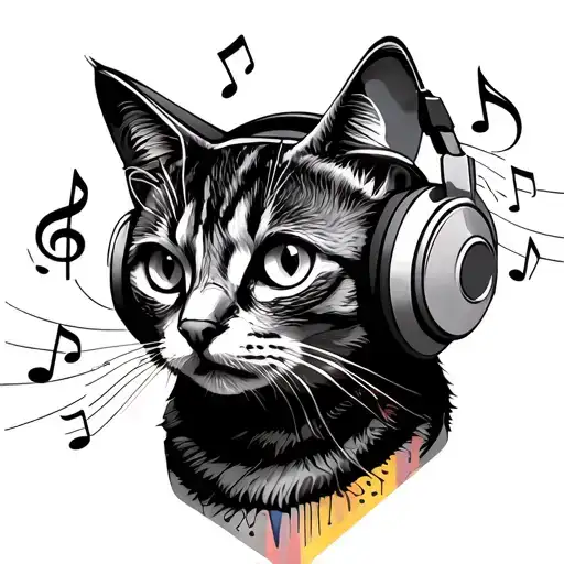 Cat Wearing Headphones Surrounded By Musical Notes