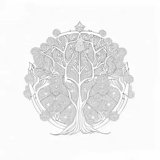 Traditional Style Tattoo Of A Majestic Tree Surrounded By Intricate Floral Patterns