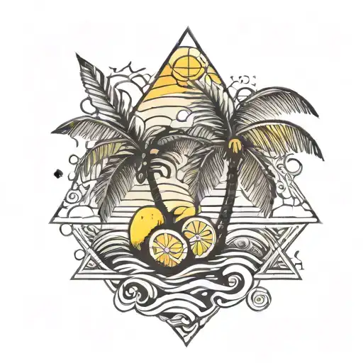 Palm Tree With Lemons And Waves Under A Sunset