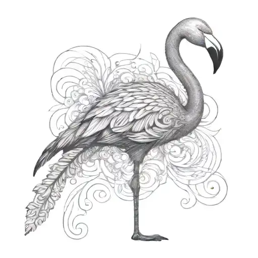 A Single Flamingo With Swirls In The Body Feathers Engraving Style - Nothing Surrounding It