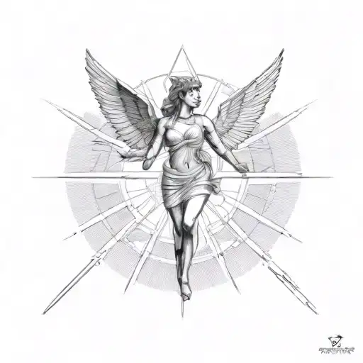 A Tattoo Depicting Greek Goddess Nike In A Victorious Pose With A Hummingbird Flying Around Her