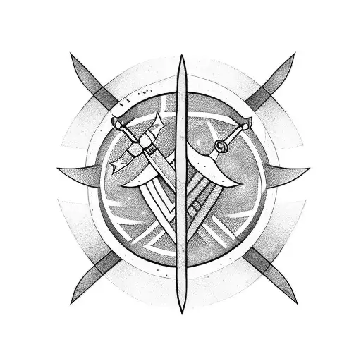 A Black-grey Tattoo Of A Crossed Sword And Knife With A Banner That Says 'Made In Swede'