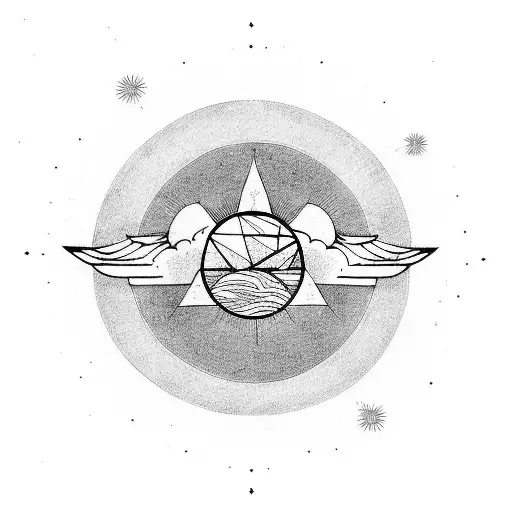 Angel Sleeping Above The Cloud In Front Of The Big Sun Linework