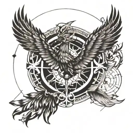 Phoenix With Compass In The Background Tattoo