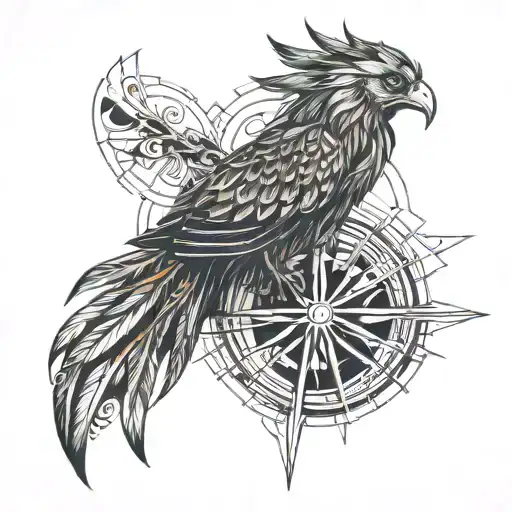 Phoenix With An Adventure Compass In The Background Tattoo