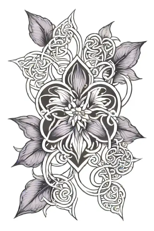 Celtic Knot Design Incorporating Iris Flowers And Violet Flowers