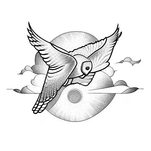 Flying Barn Owl Above A Fig Tree And Waves