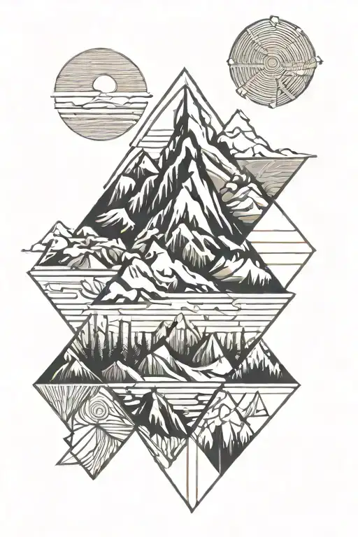 Mountain Landscape Inside Romb Rectangle With Lines And Shapes Outside Merging